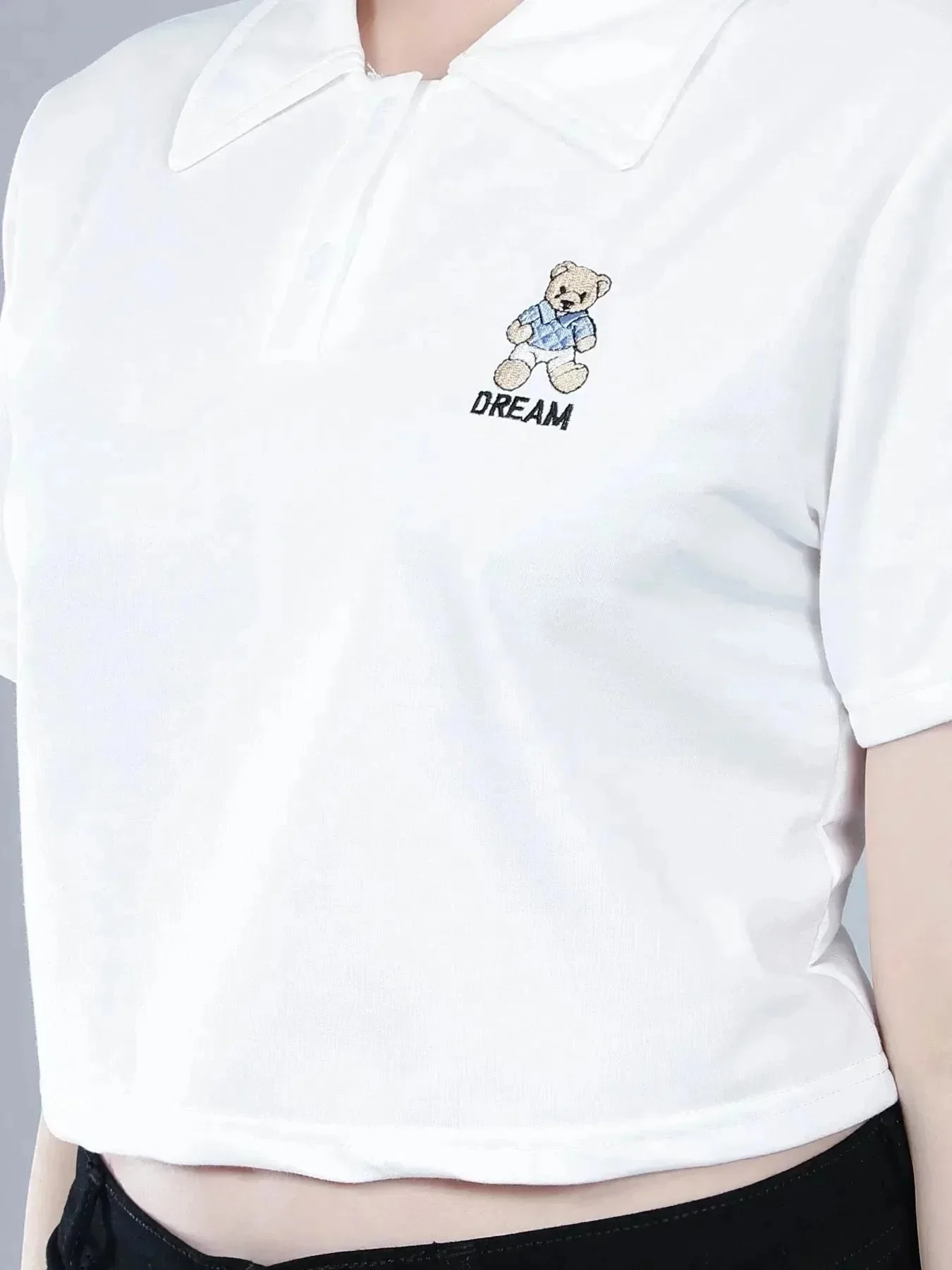 Bear Embroidered Cropped Polo Tee - Image 4