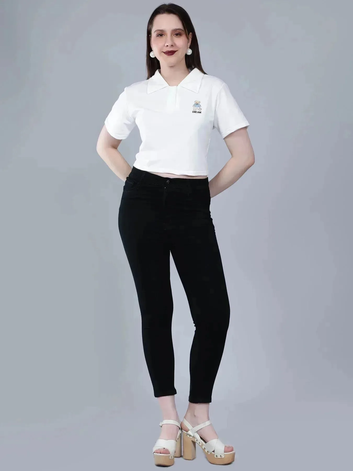 Bear Embroidered Cropped Polo Tee - Image 5