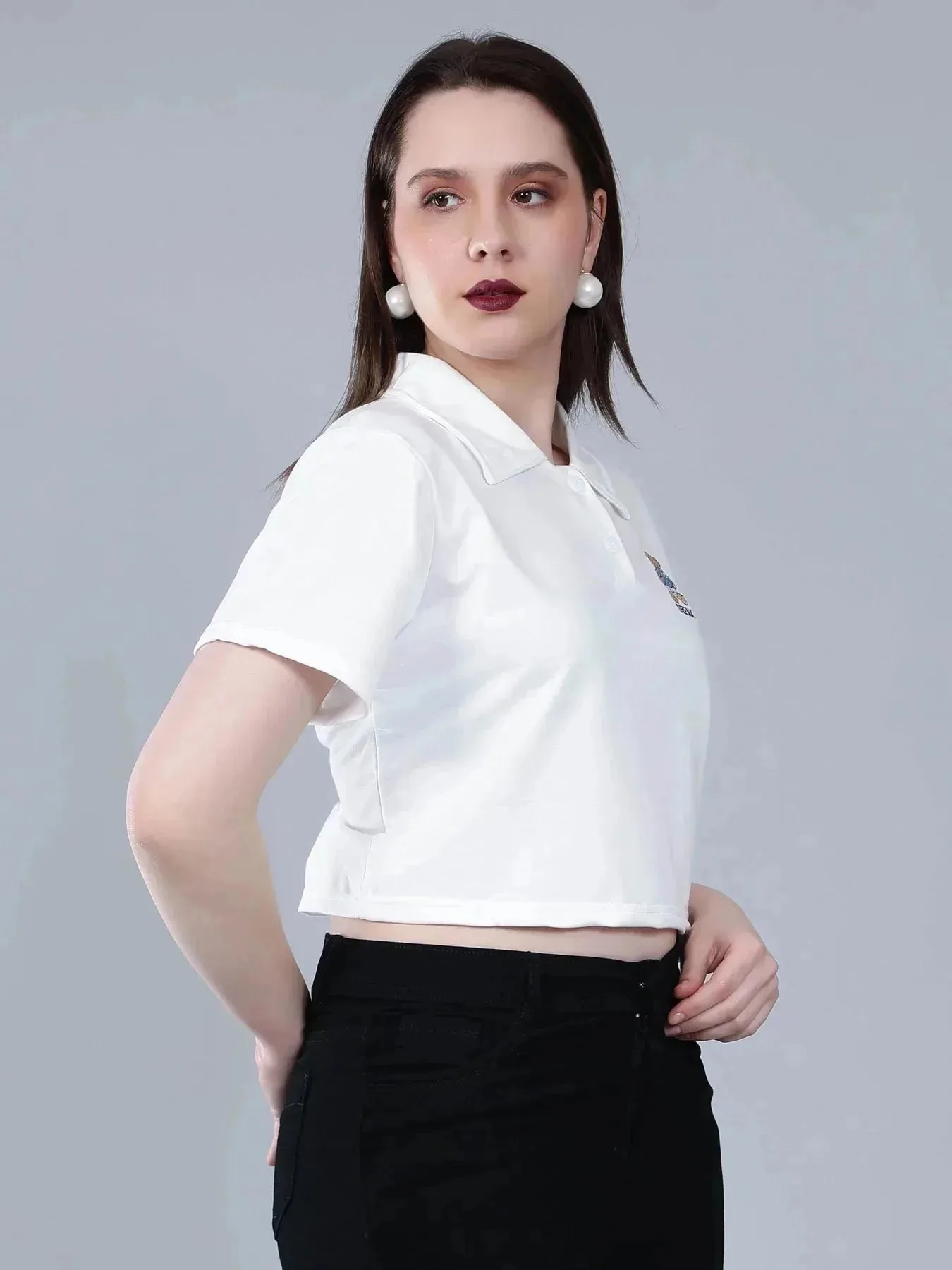 Bear Embroidered Cropped Polo Tee - Image 6