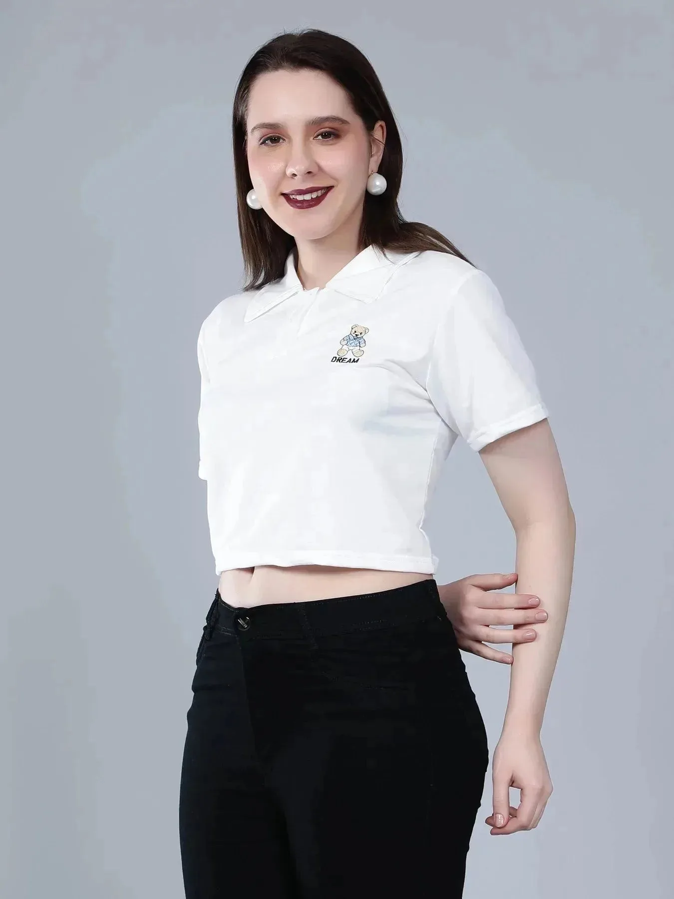 Bear Embroidered Cropped Polo Tee - Image 7