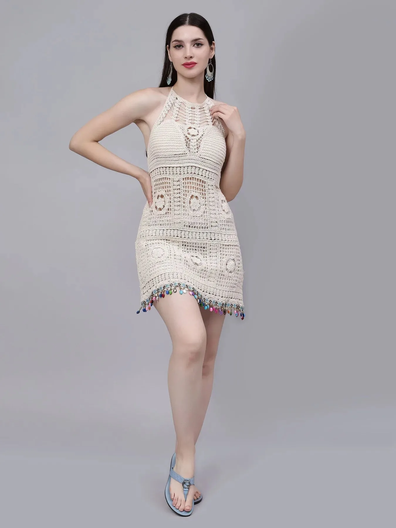 Crochet Halter Backless Dress - Image 3