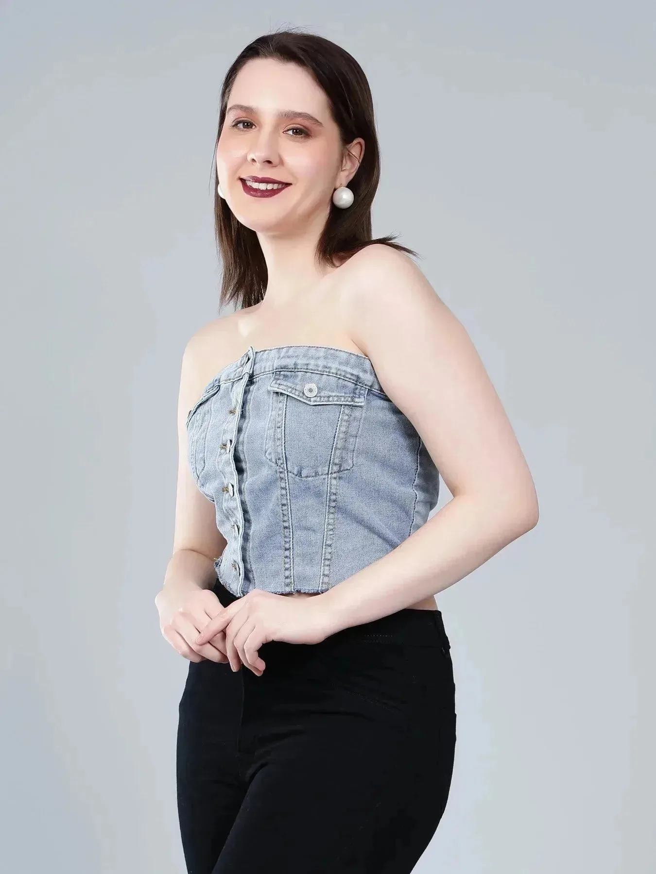Denim Corset Crop Top - Image 7