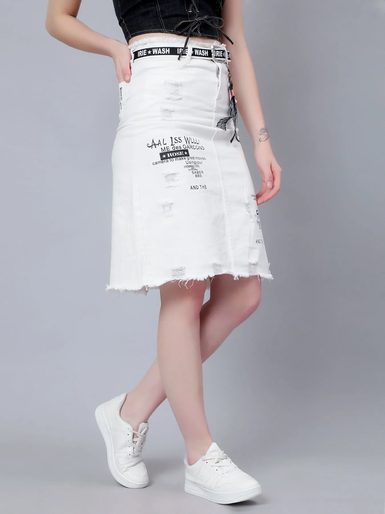 Denim Letter Print Fray Skirt - Image 3