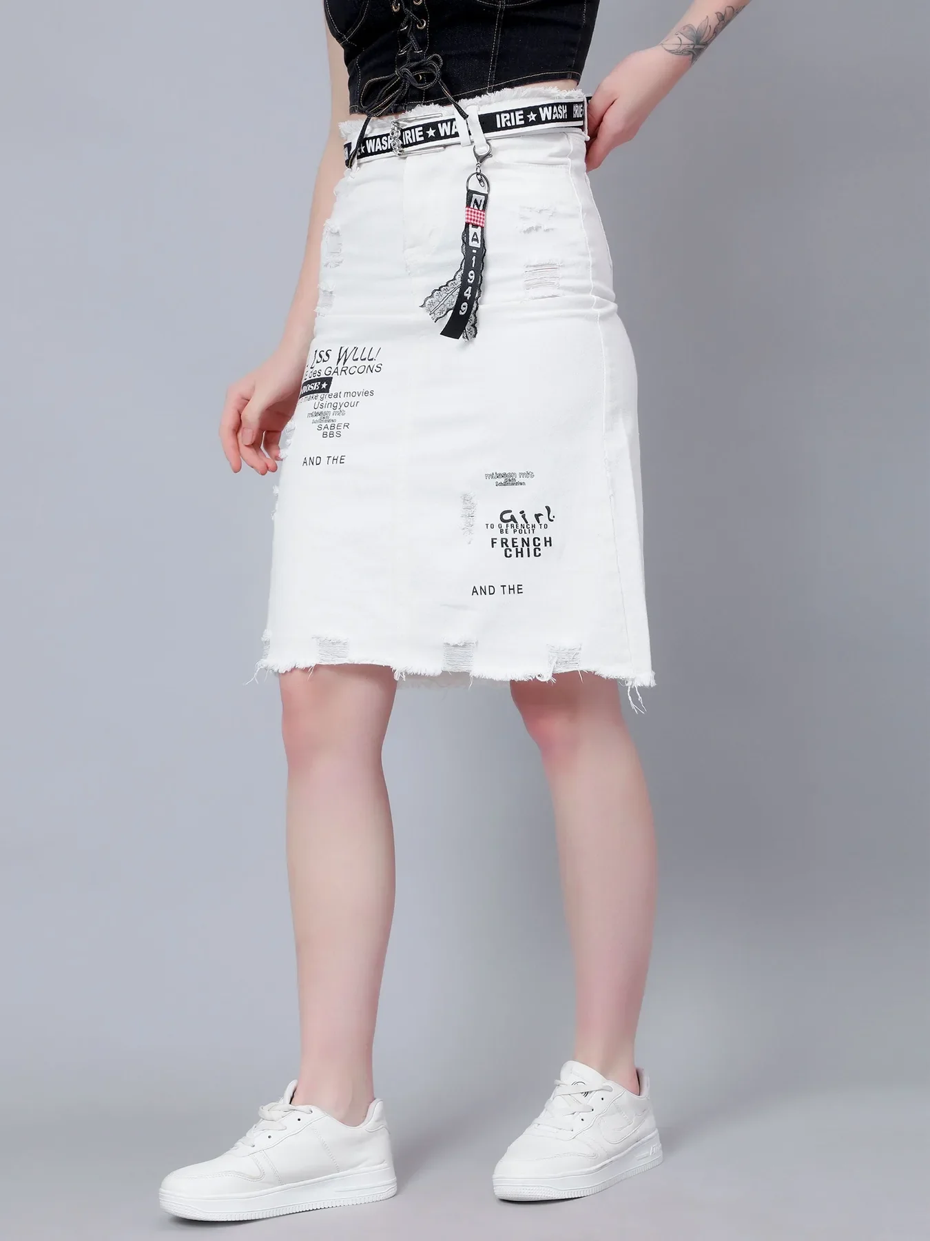 Denim Letter Print Fray Skirt - Image 4