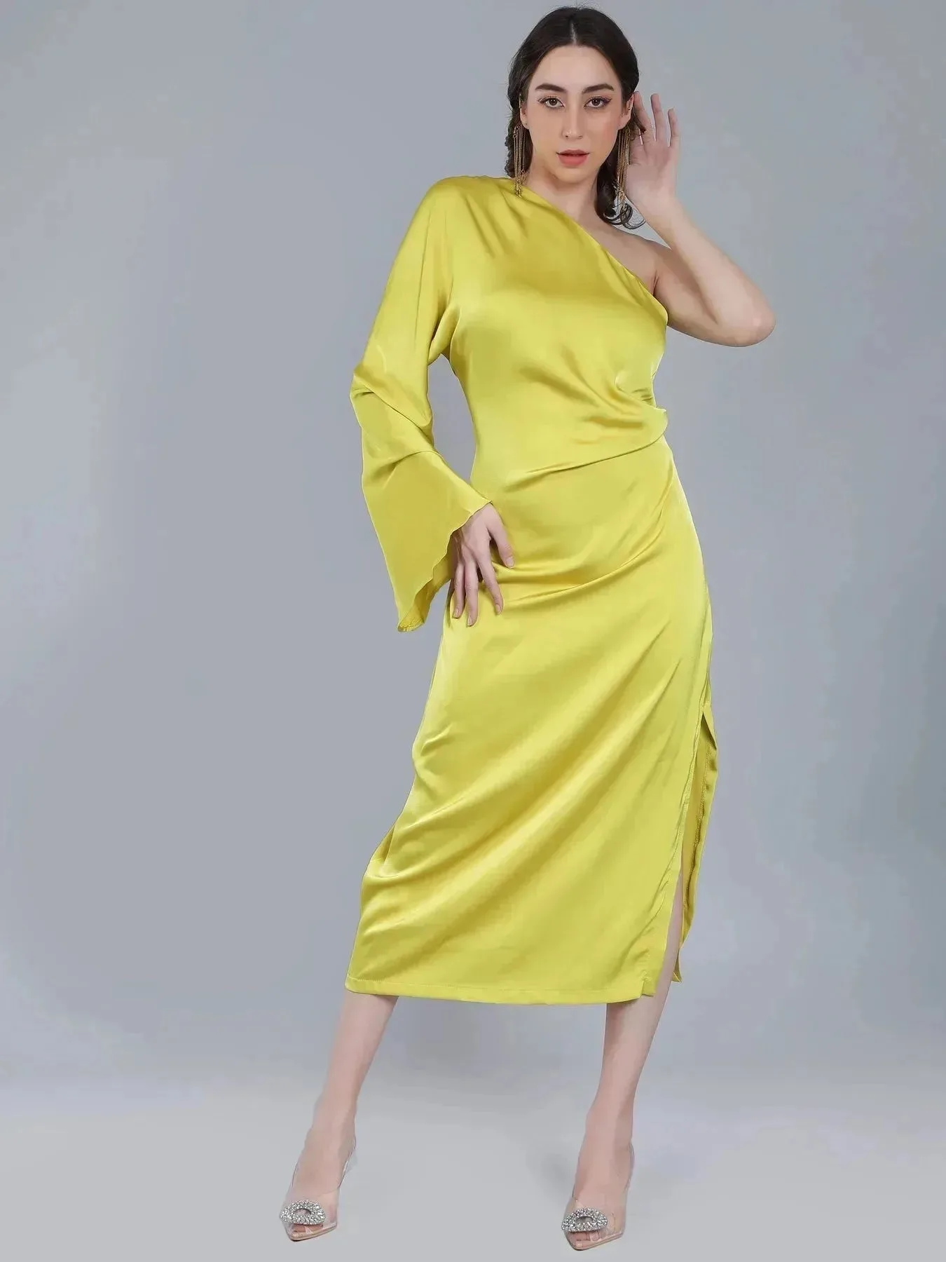 Draped Satin One Shoulder Dress - Image 3