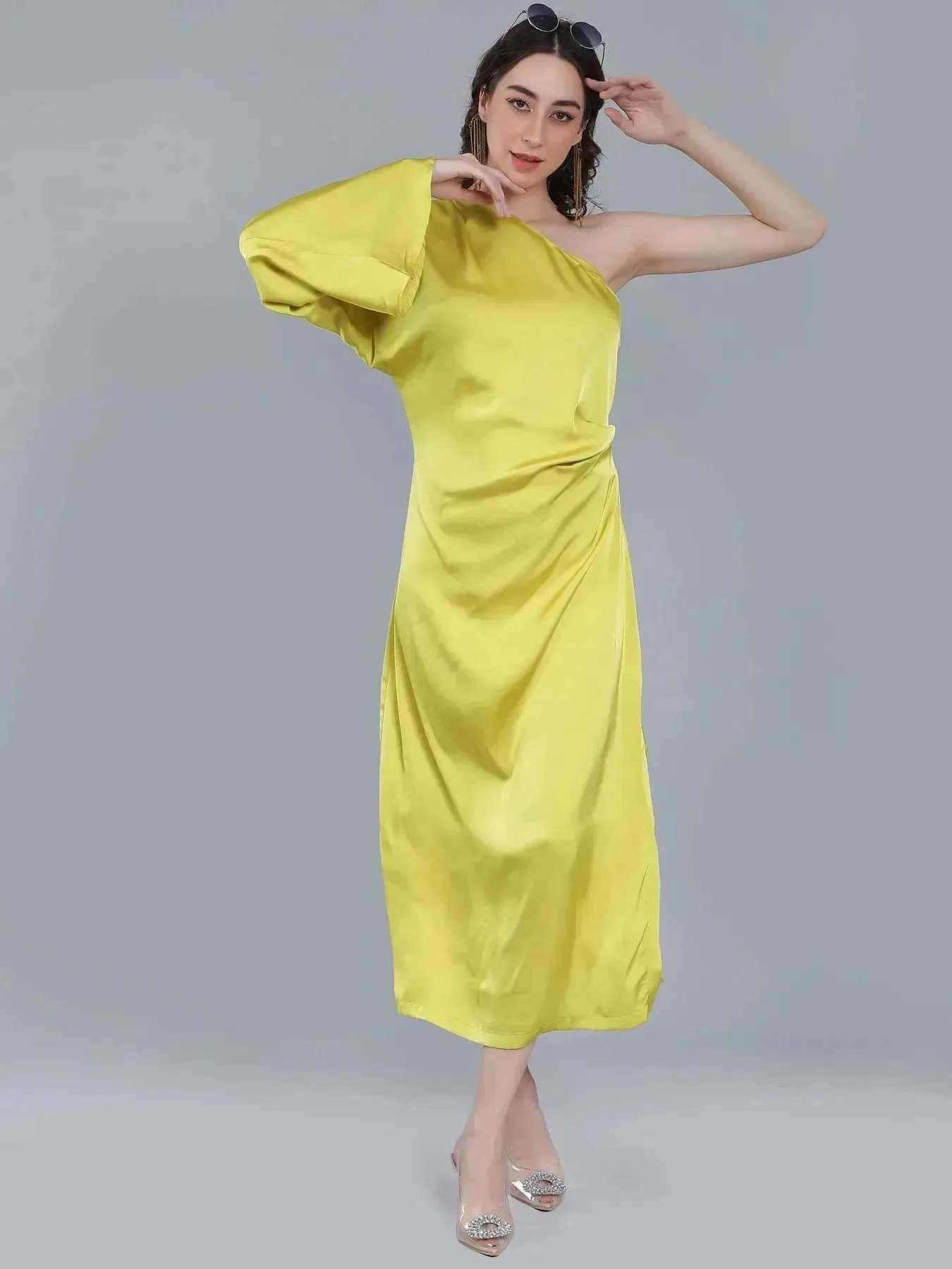 Draped Satin One Shoulder Dress - Image 5