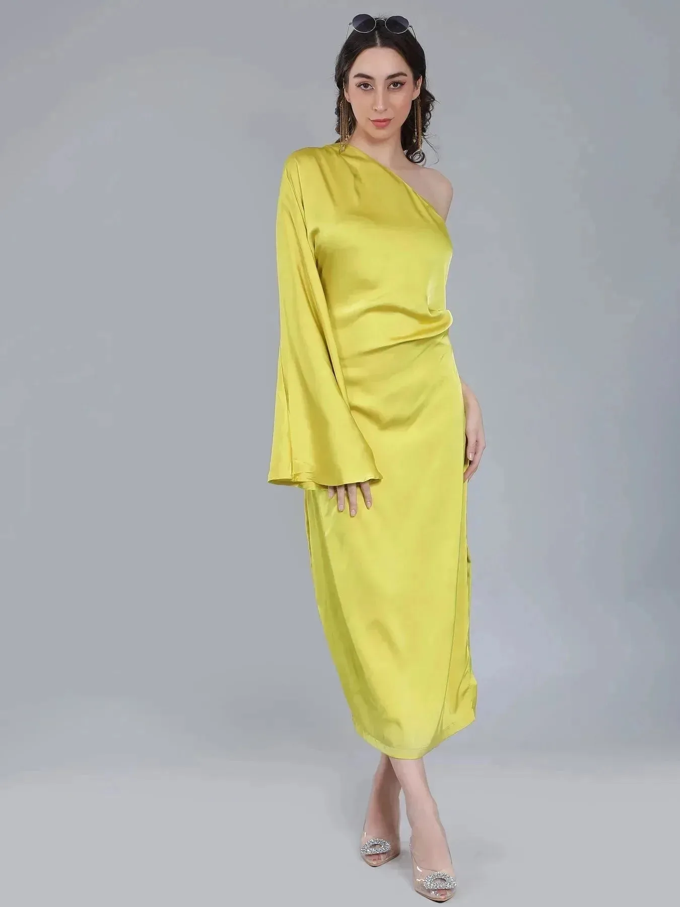 Draped Satin One Shoulder Dress - Image 6