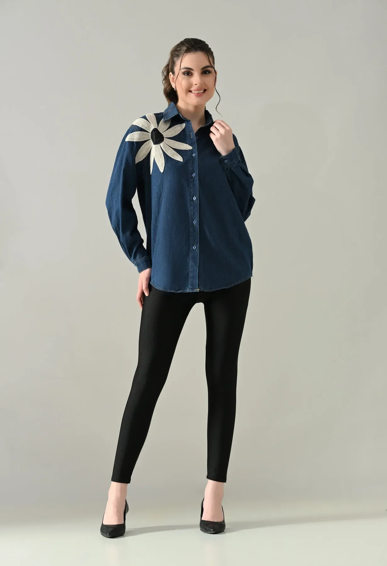Embroidered Denim Blossom Shirt - Image 3