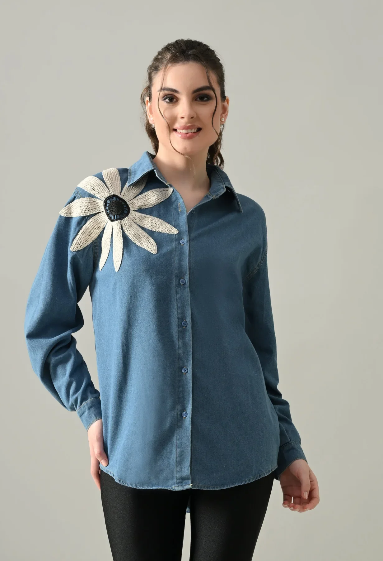Embroidered Denim Blossom Shirt - Image 9