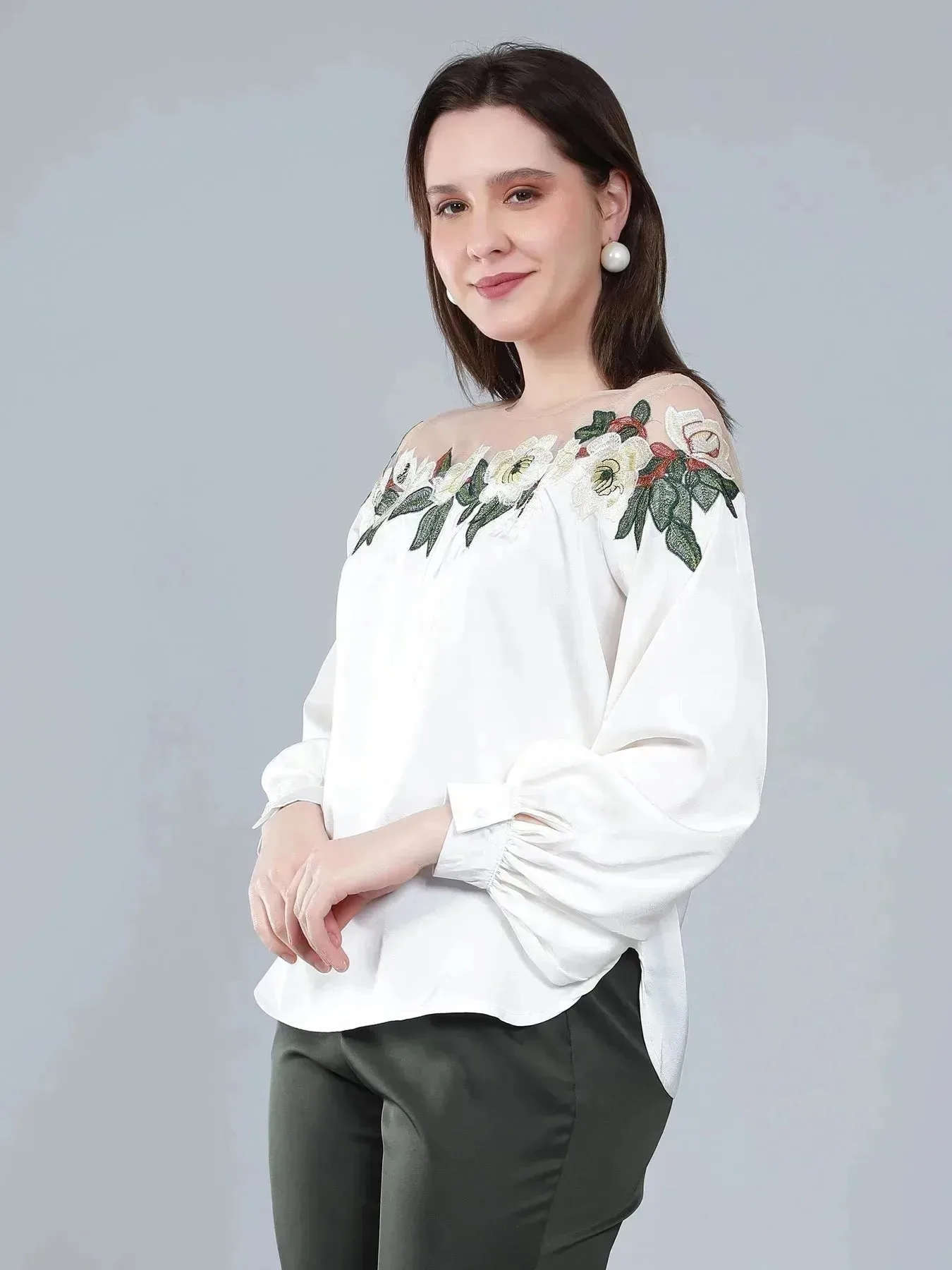 Flower Embroidery Satin Blouse - Image 3