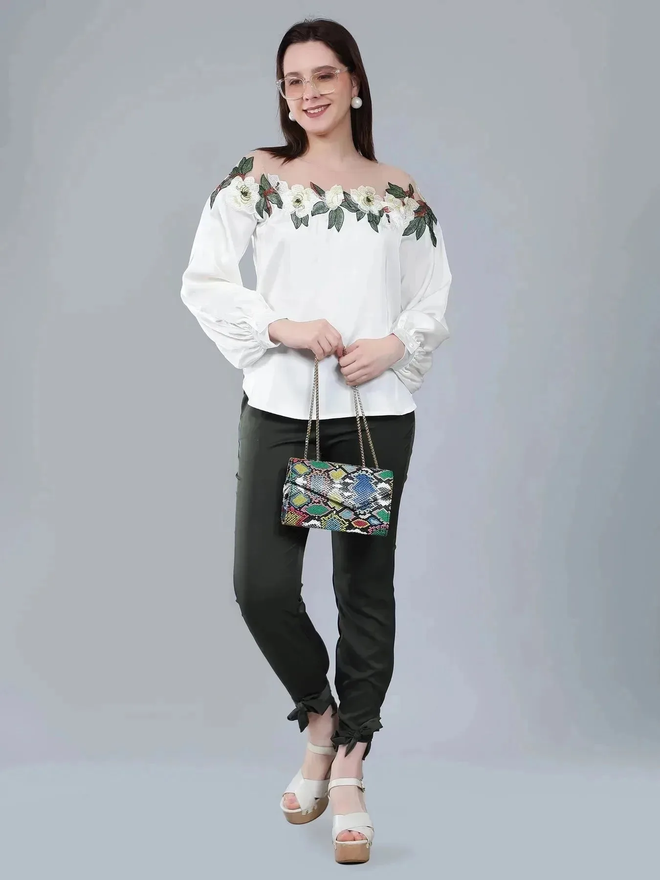 Flower Embroidery Satin Blouse - Image 4