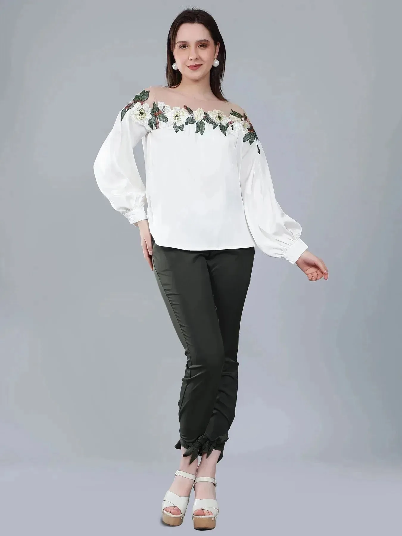 Flower Embroidery Satin Blouse - Image 5