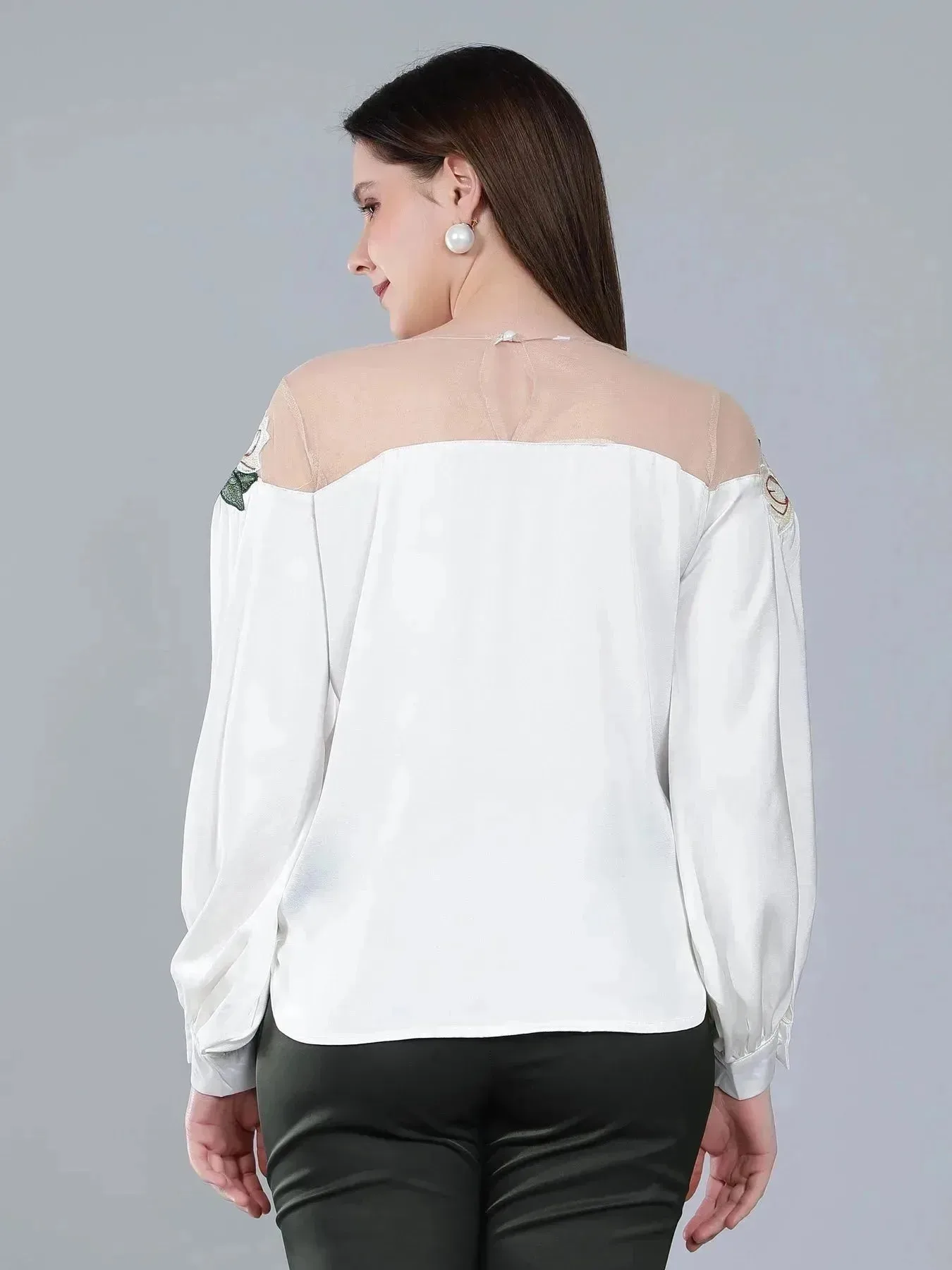 Flower Embroidery Satin Blouse - Image 6