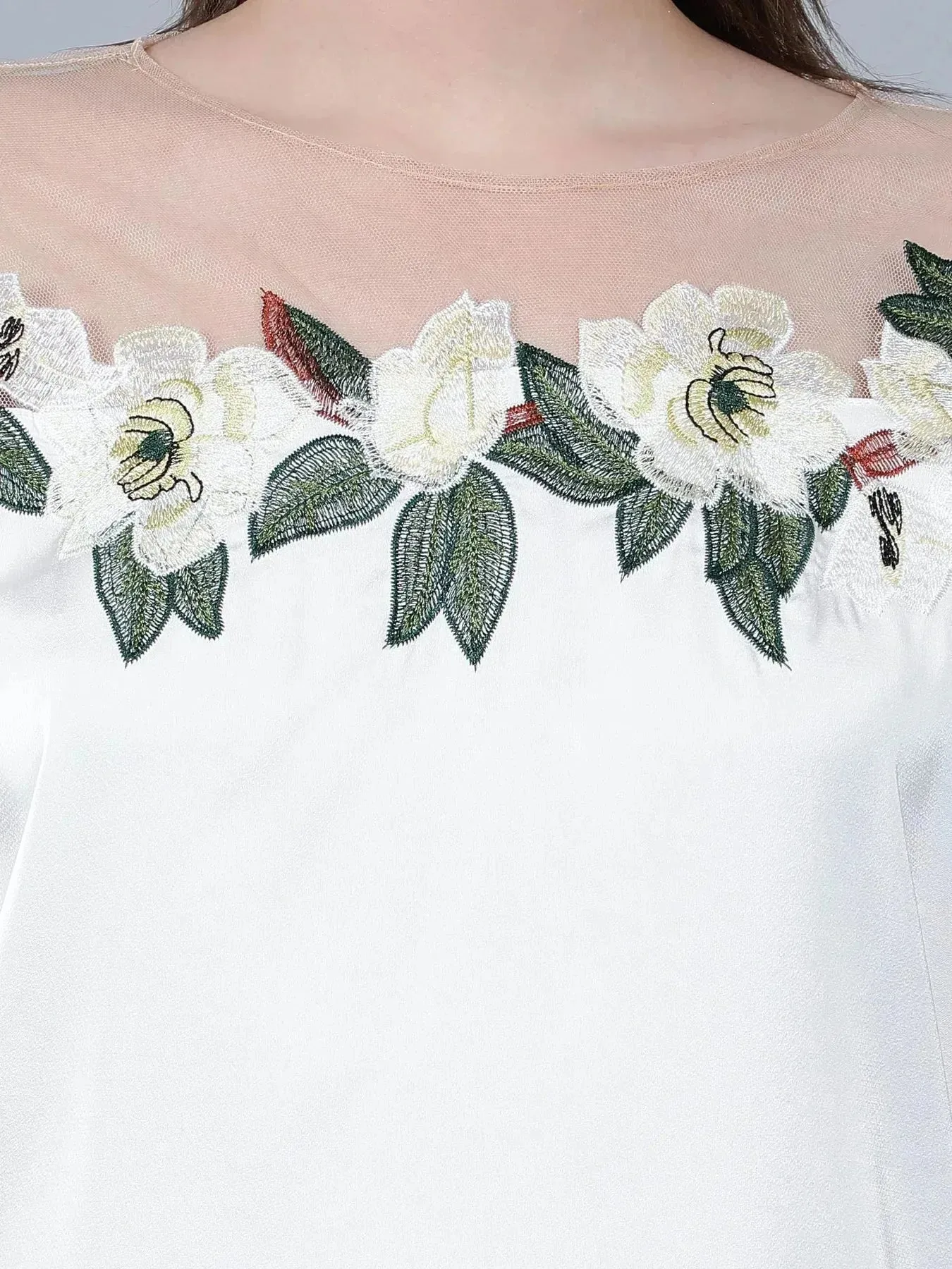 Flower Embroidery Satin Blouse - Image 7