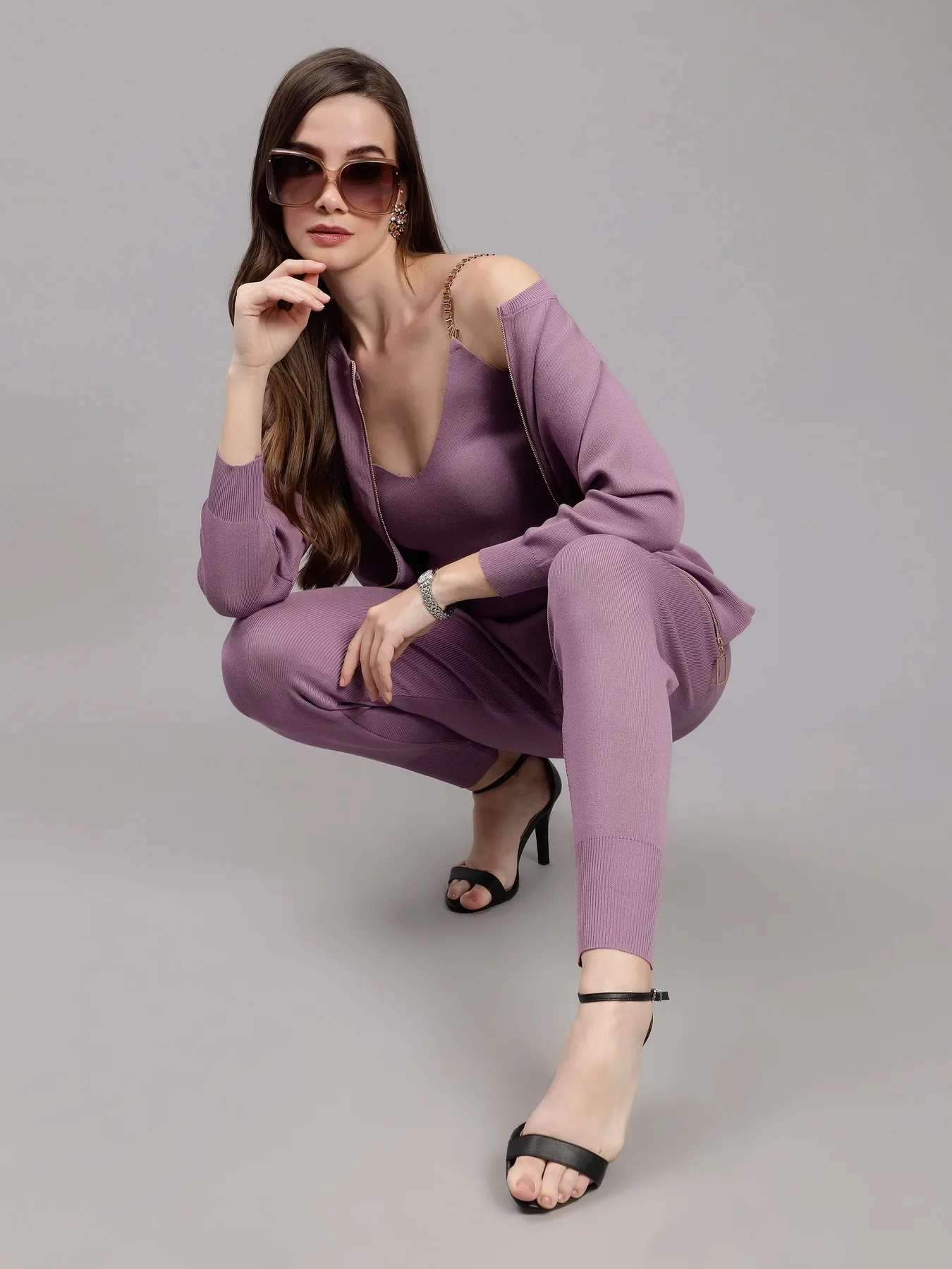 Front Zip Knitted Three Piece Set - Image 3