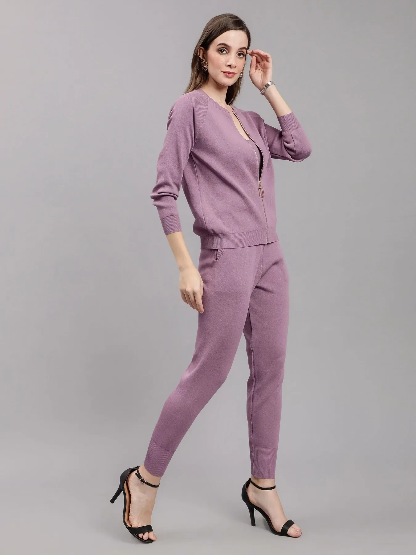 Front Zip Knitted Three Piece Set - Image 4