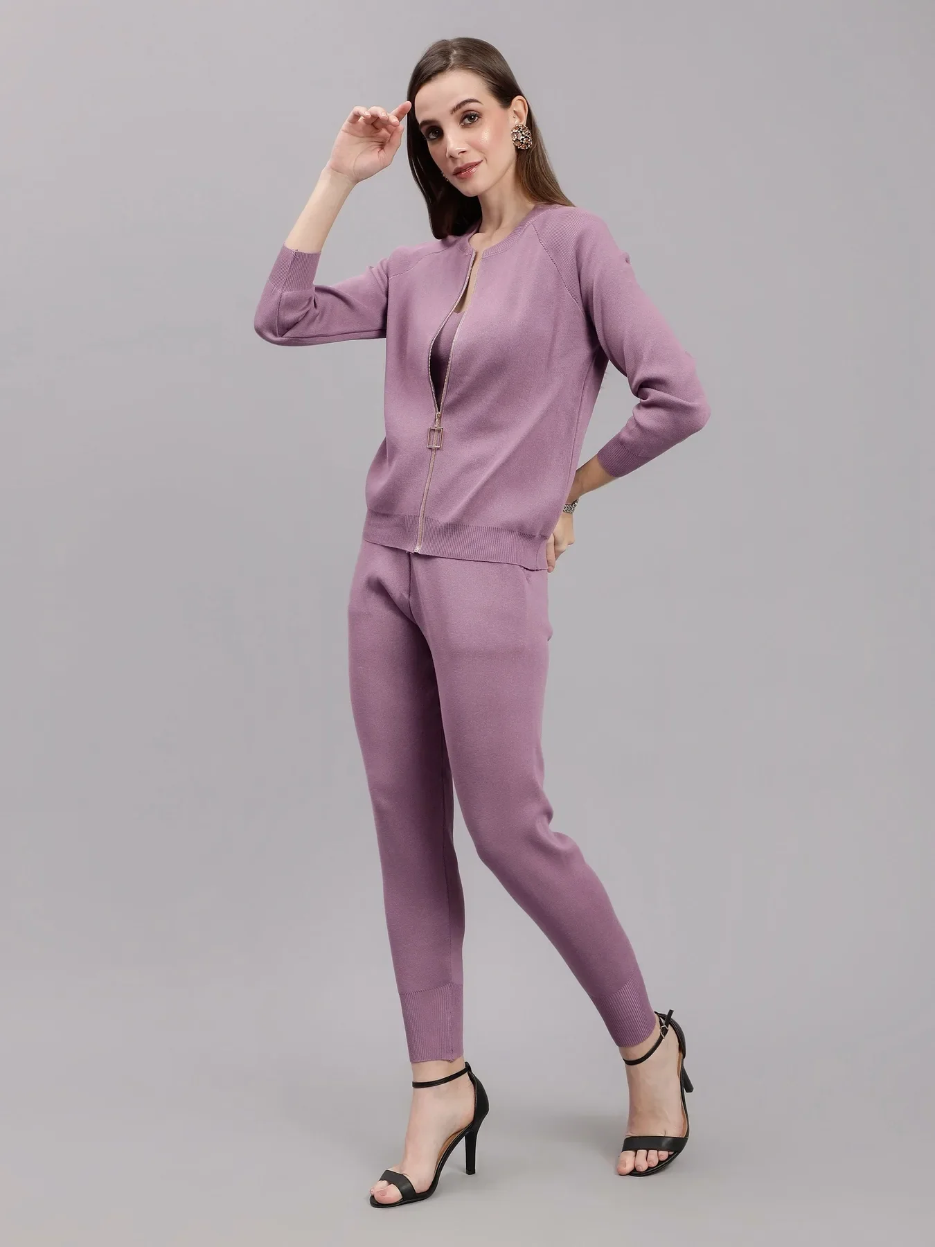 Front Zip Knitted Three Piece Set - Image 5