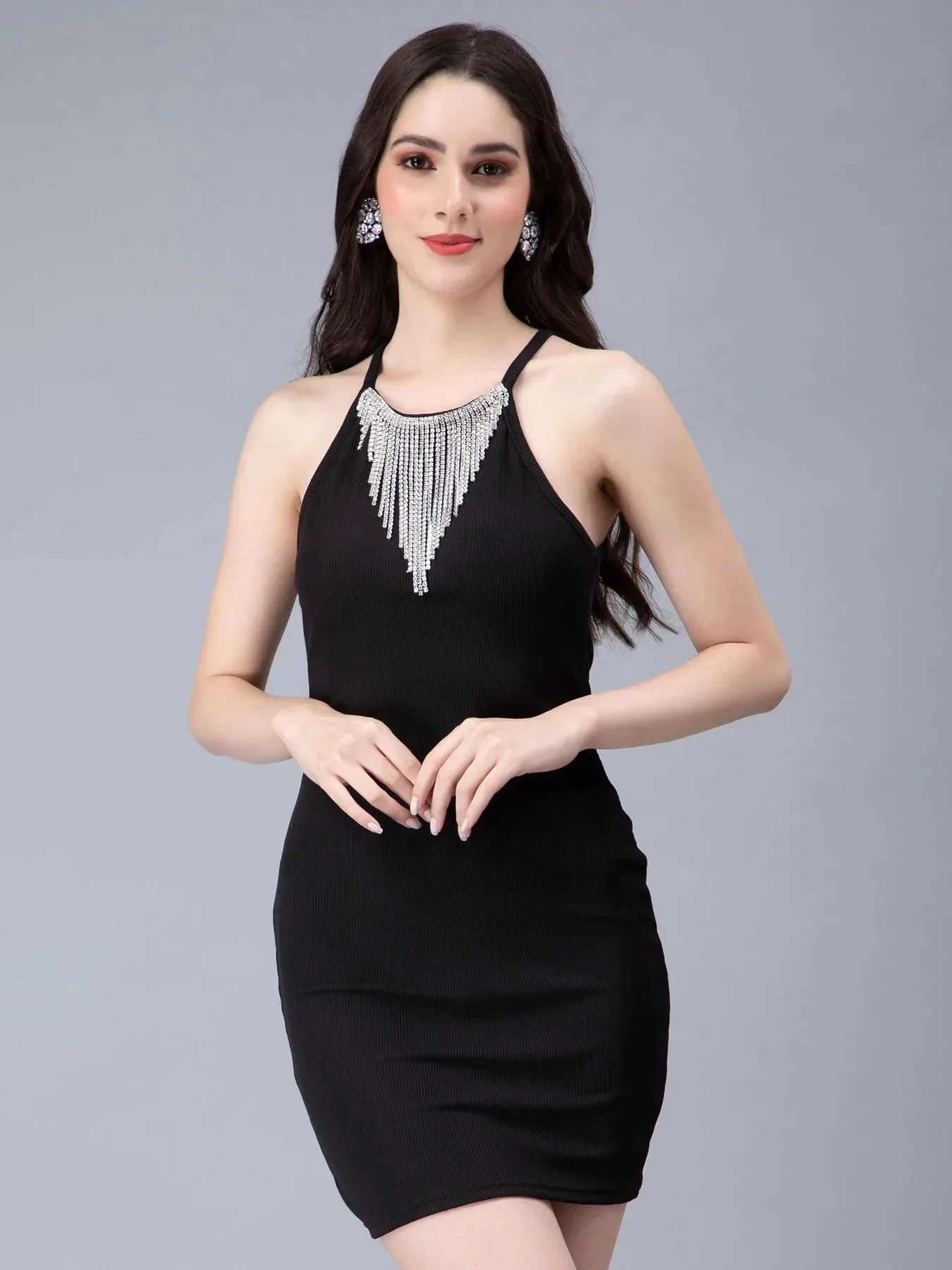 Halter Rhinestone Fringes Necklace Dress - Image 14