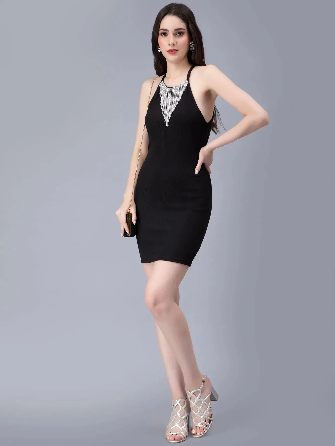 Halter Rhinestone Fringes Necklace Dress - Image 21