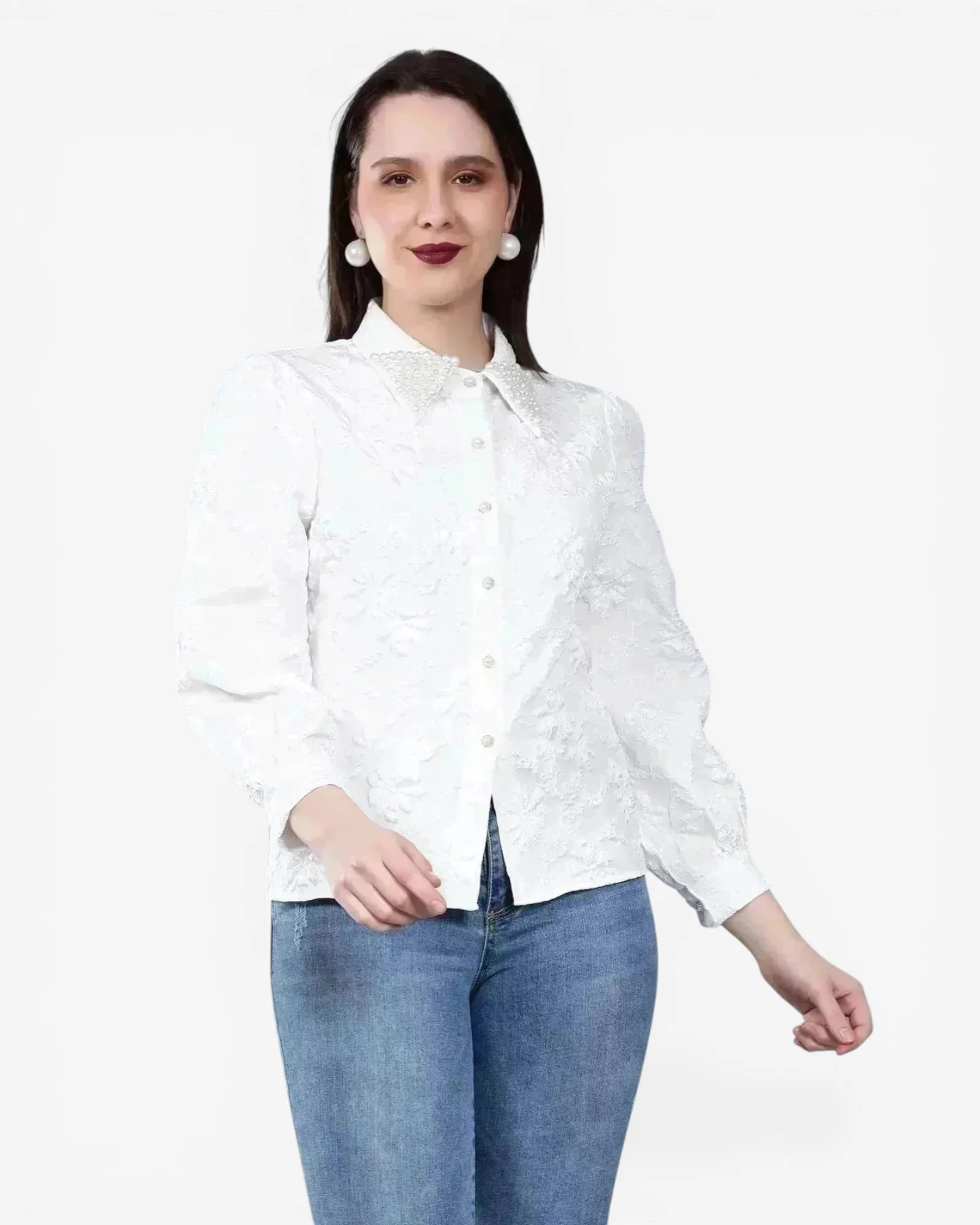 Pearl Beading Jacquard Shirt - Image 11