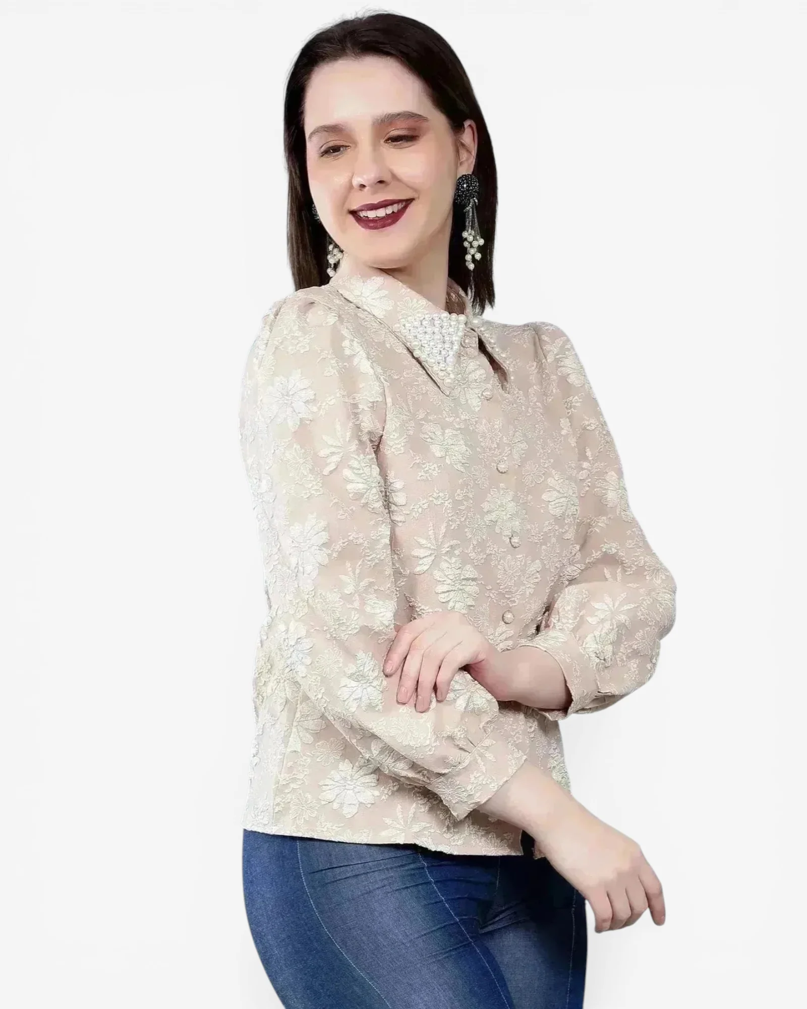 Pearl Beading Jacquard Shirt - Image 9