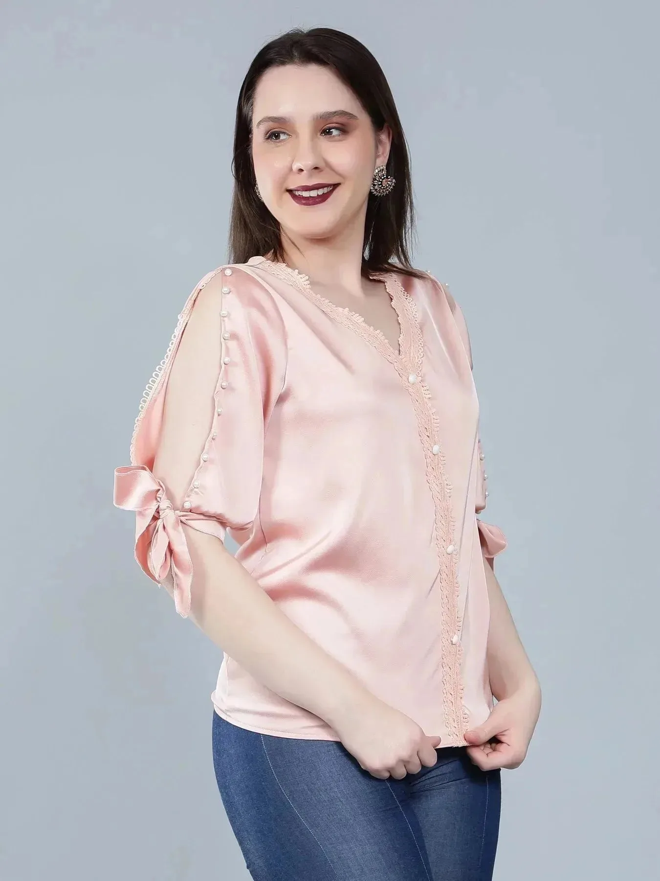 Pearl Knotted Slit Sleeve Blouse - Image 3