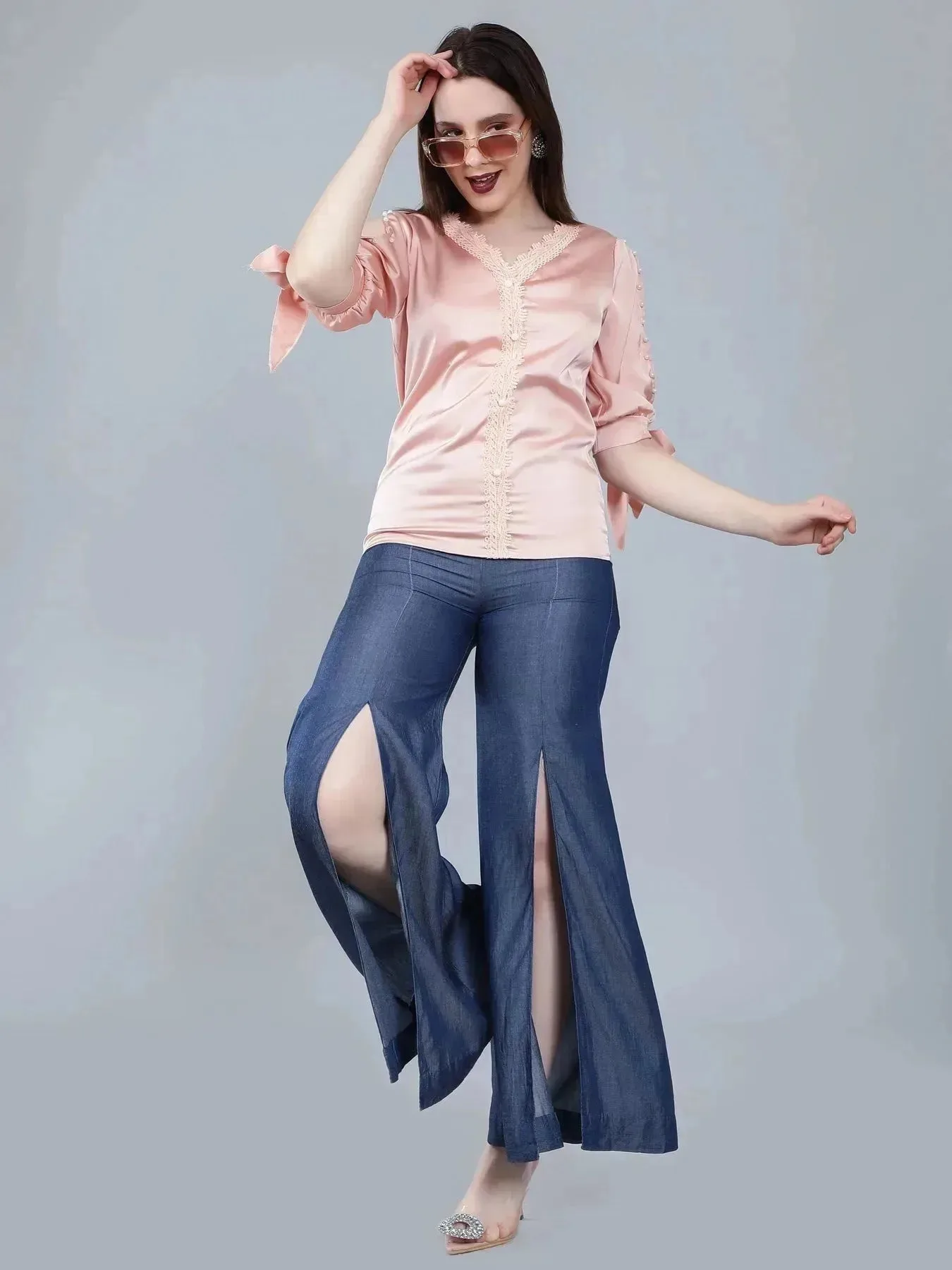 Pearl Knotted Slit Sleeve Blouse - Image 4