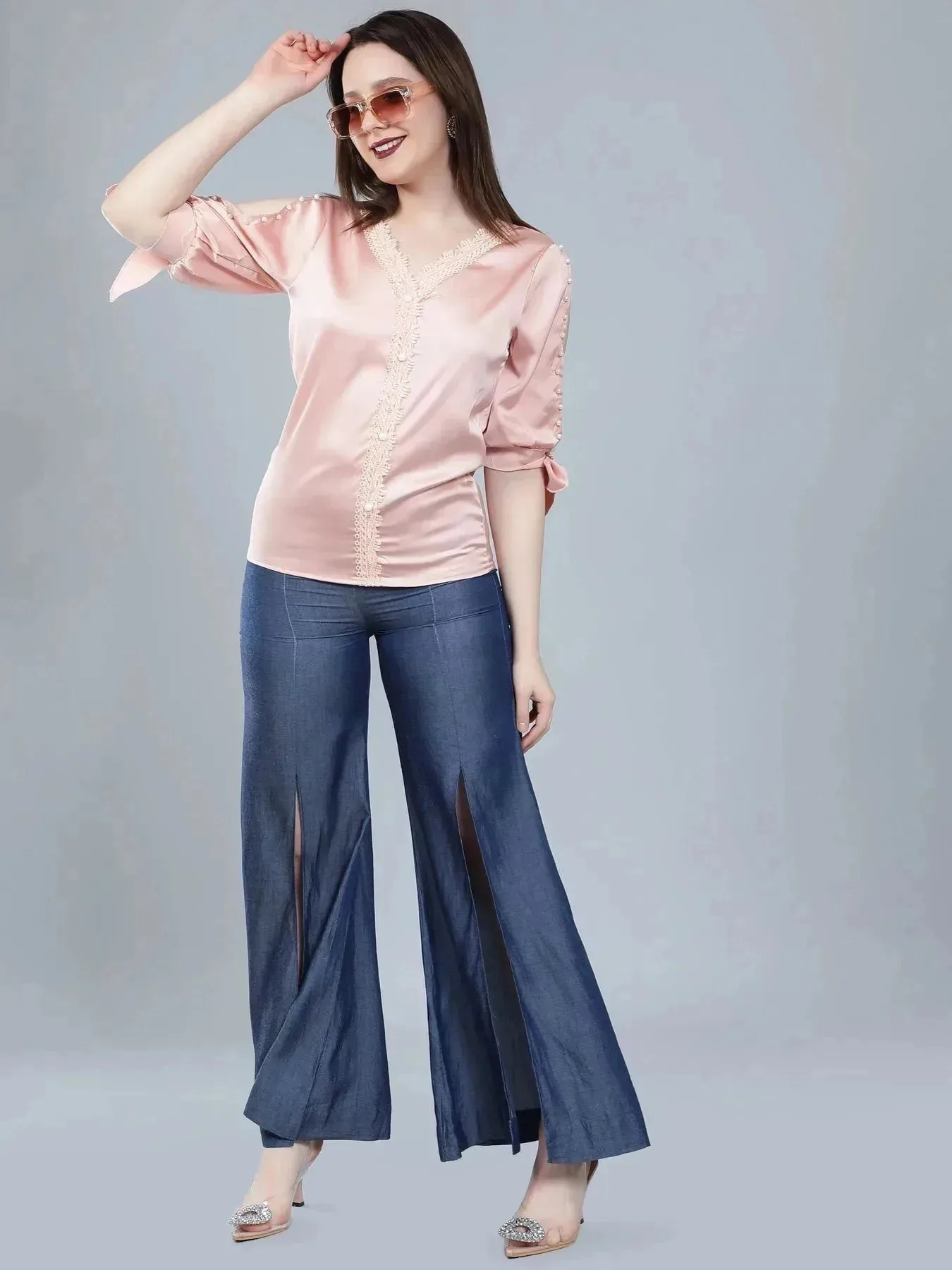 Pearl Knotted Slit Sleeve Blouse - Image 6