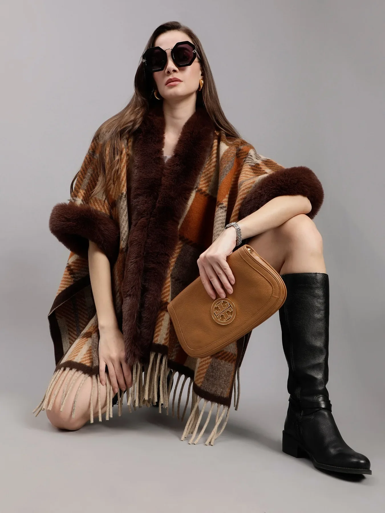 Poncho Plaid Woolen Cape - Image 3