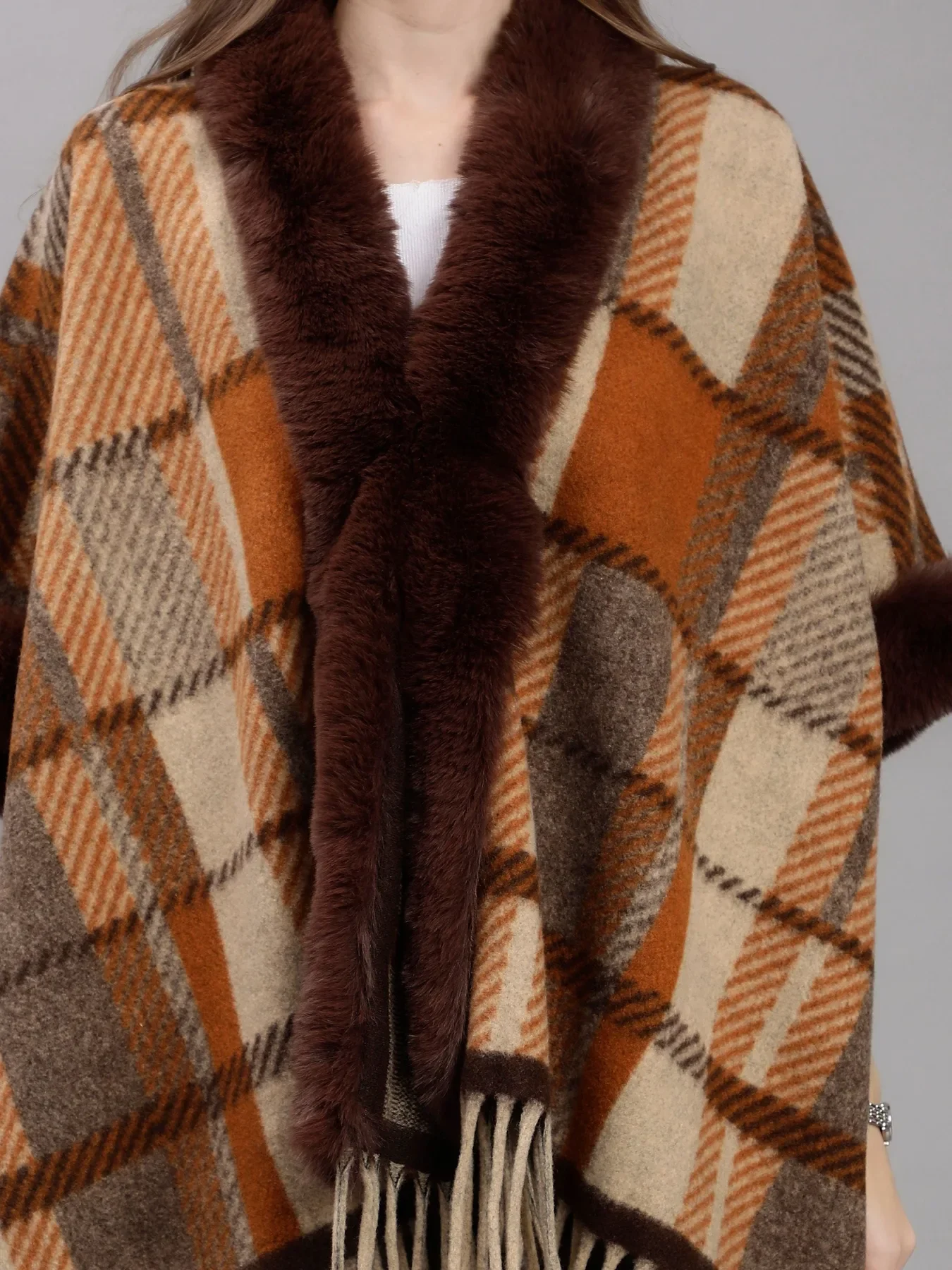 Poncho Plaid Woolen Cape - Image 6