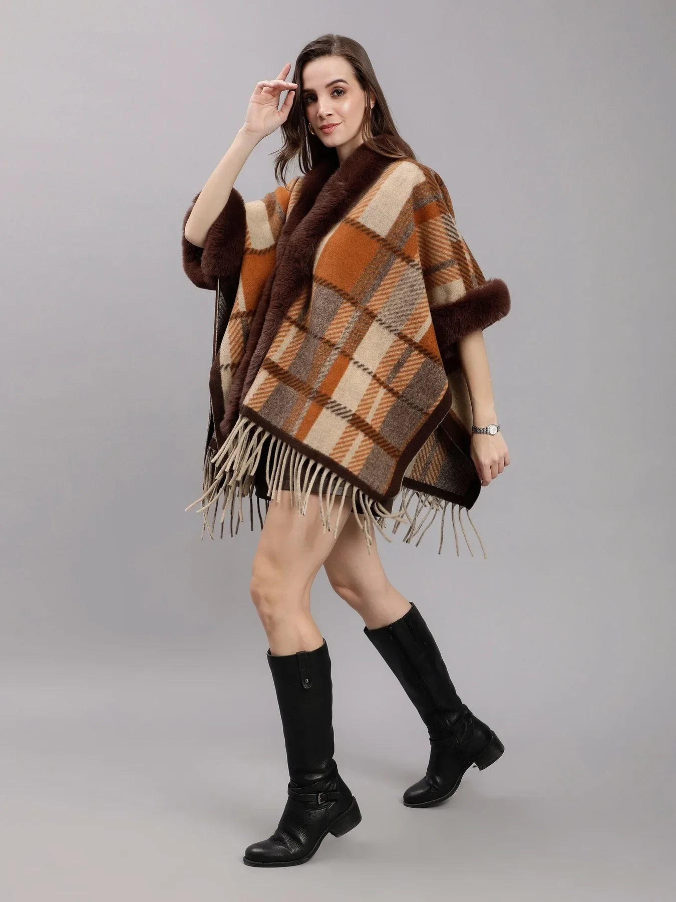 Poncho Plaid Woolen Cape - Image 7