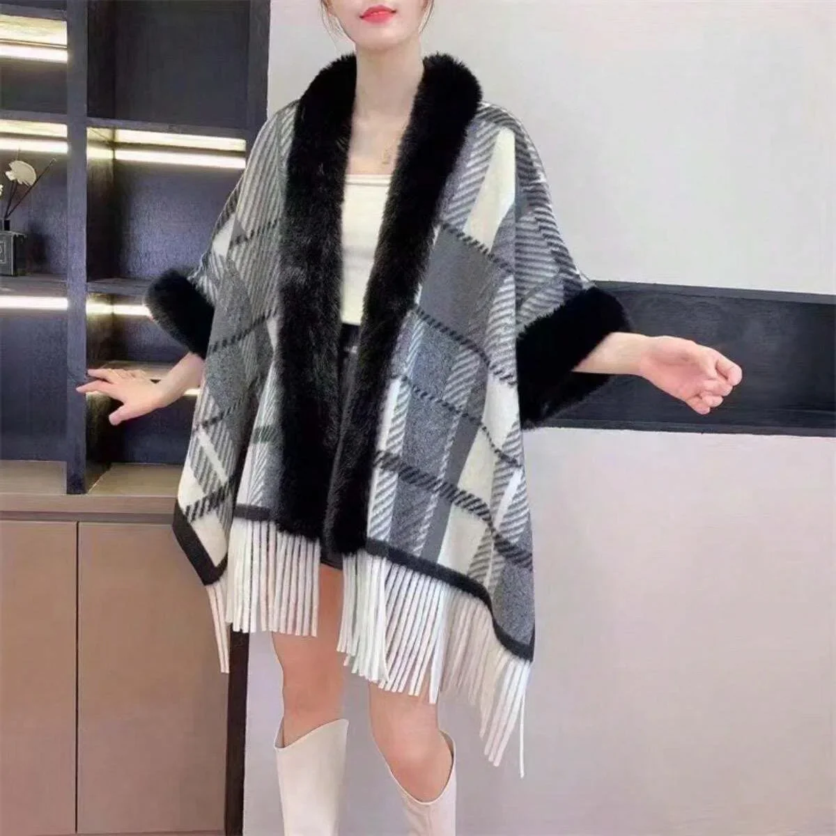 Poncho Plaid Woolen Cape - Image 8