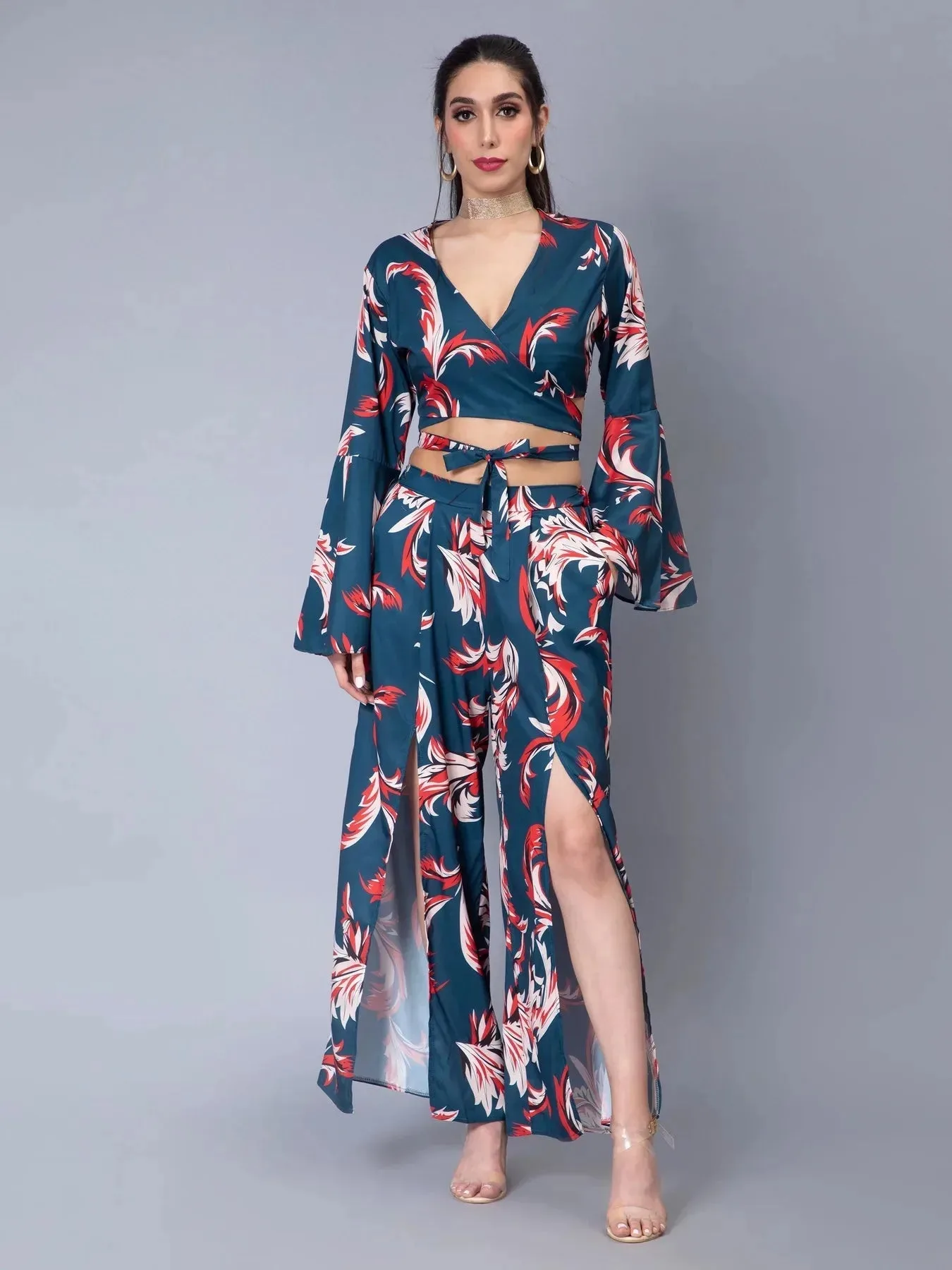 Tie Belt Wrap Top With Pants Set - Image 3