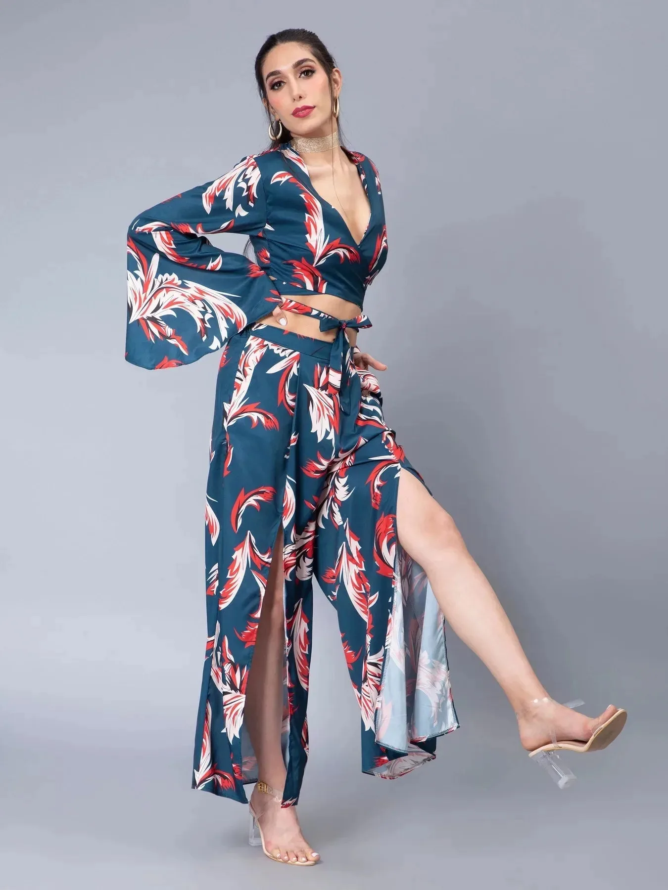 Tie Belt Wrap Top With Pants Set - Image 5