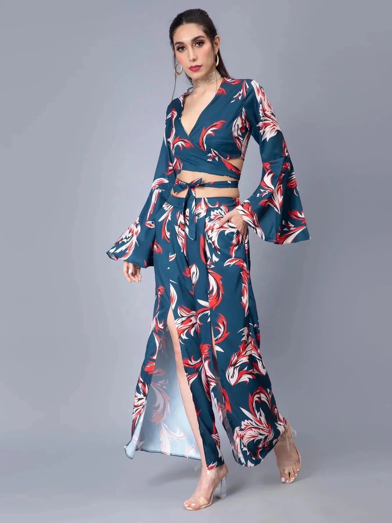 Tie Belt Wrap Top With Pants Set - Image 6