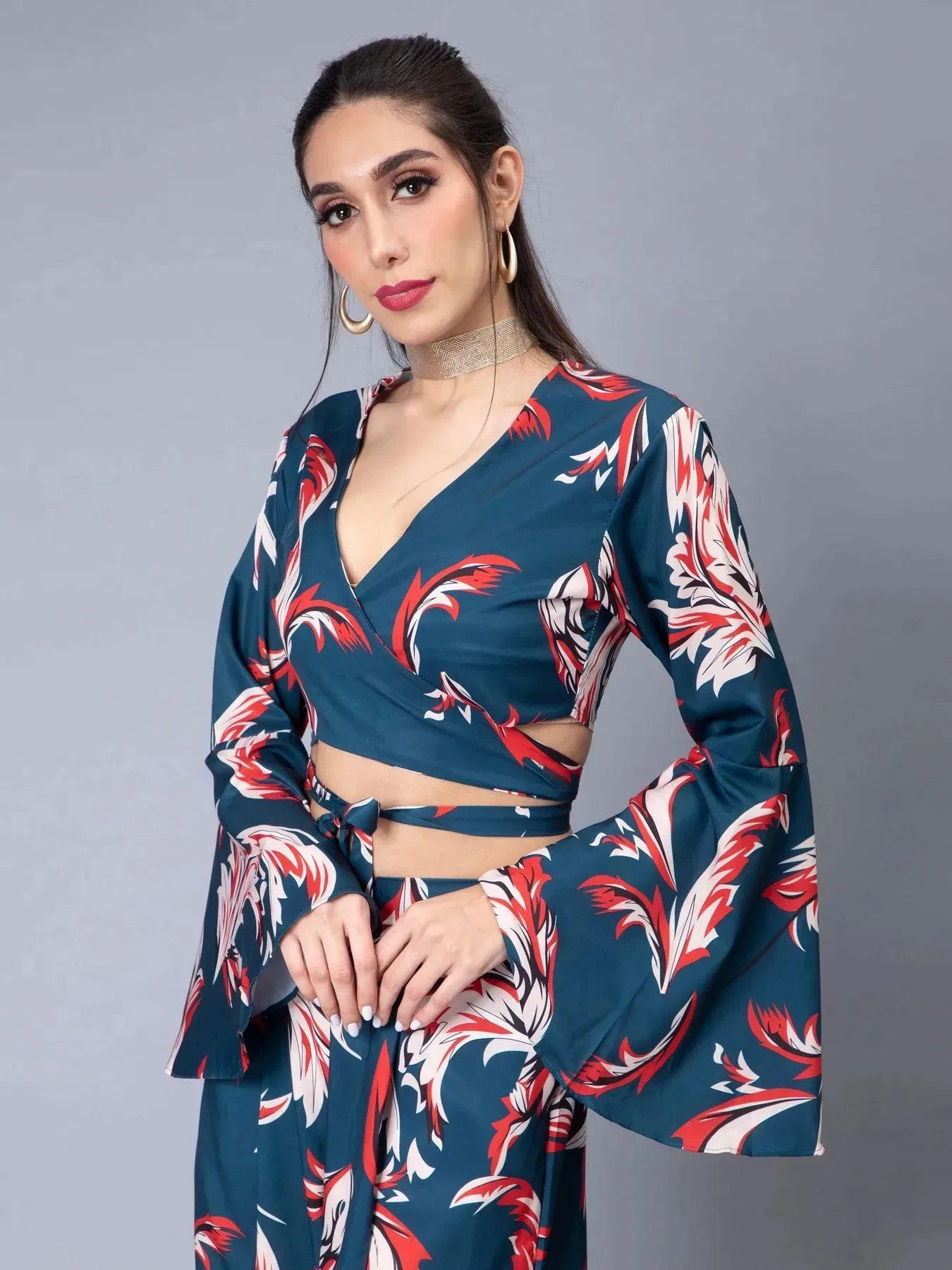 Tie Belt Wrap Top With Pants Set - Image 7