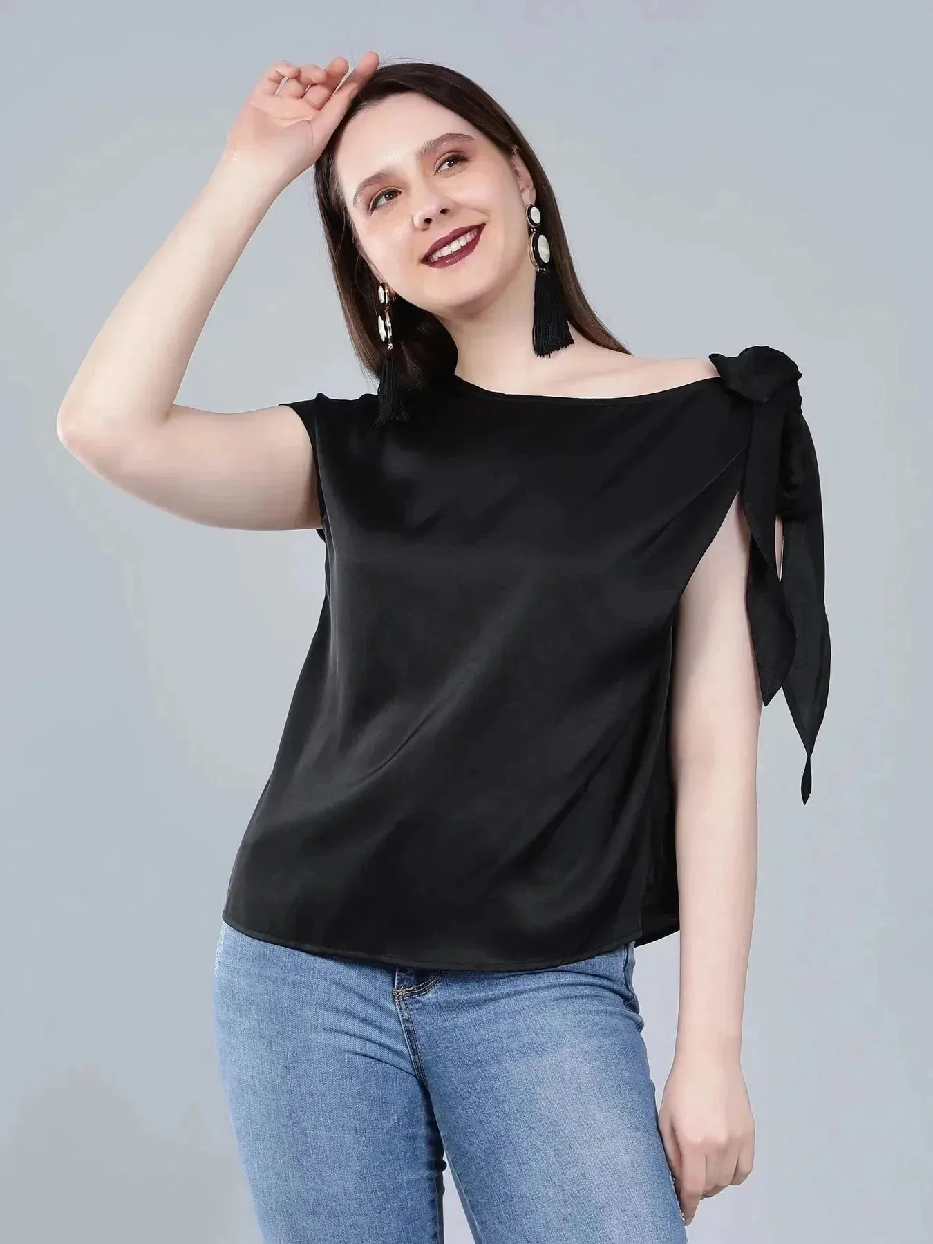 Tie Shoulder Satin Blouse - Image 16